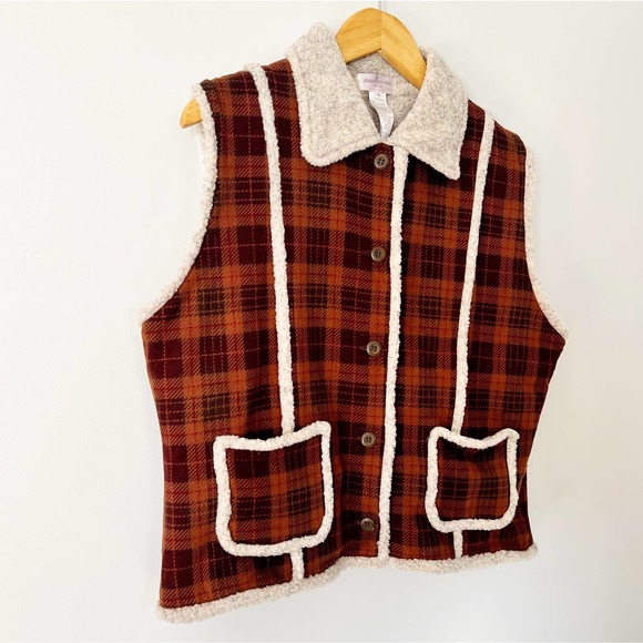 90s Brown Plaid Shearling Cropped Vest | Medium - Picture 2 of 4